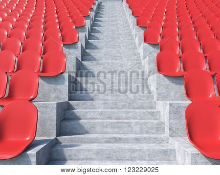 Red plastic seats at stadium aisle between them. Concept of stadium. 3D render