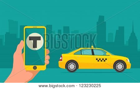 Phone with interface taxi on a screen on a background taxi in the city. Mobile app for booking taxi service. Flat vector illustration for business info graphic banner presentations.