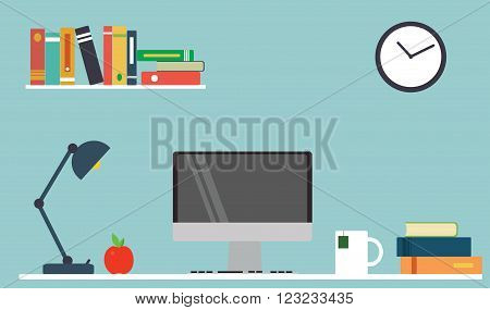 Computer desk, workplace with cup of tea and apple