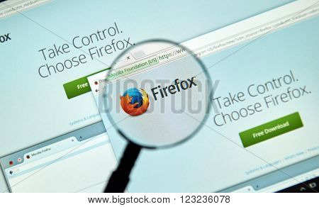 MONTREAL CANADA - MARCH 25 2016 - Firefox web browser under magnifying glass. Firefox is a free and open-source web browser developed by the Mozilla Foundation.