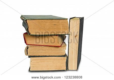 A stack of old books on a white background
