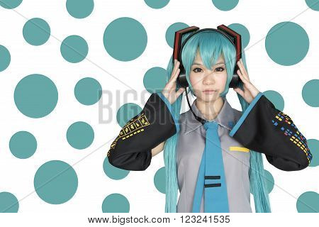 Japan anime cosplay with green abstract background