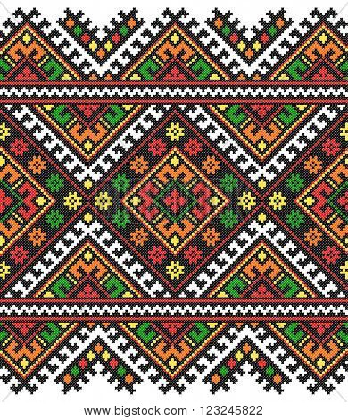 colored embroidered good like old handmade cross-stitch ethnic Ukraine pattern. Ukrainian towel with ornament, rushnyk called, in vector