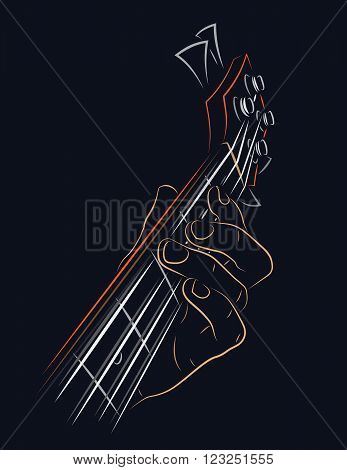 Playing Bass illustration. Pressing string with left hand finger.