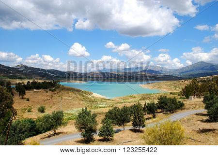 View across Lake Vinuela towards the mountains Costa del Sol Malaga Province Andalusia Spain Western Europe.