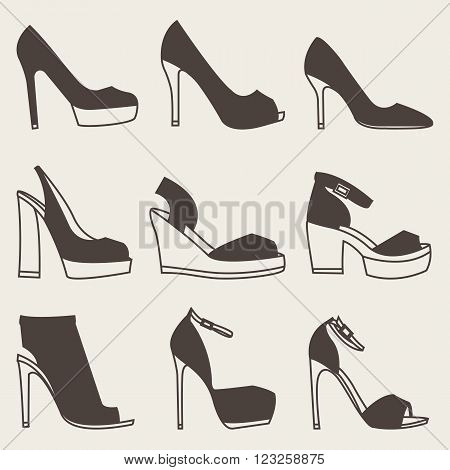 Collection of brown shoes silhouettes on gray background