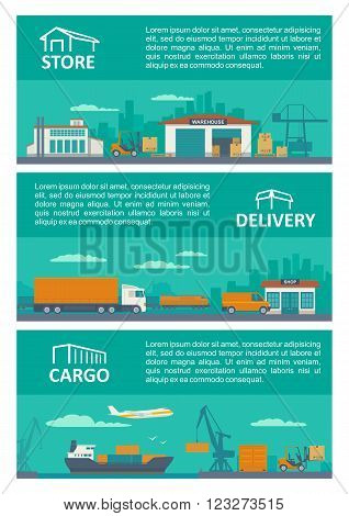 Logistic concept flat banner production process from factory to the shop. Warehouse ship truck and car. Wide panoramic vector illustration for business info graphic web presentations advertising.