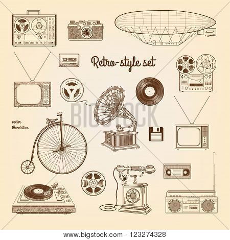 Retro style set. Vector illustration isolated on the old paper background.