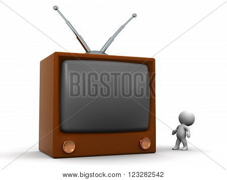 Small 3D character looking up at a large retro television. Isolated on white background.