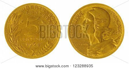 5 Centimes 1968 Coin Isolated On White Background, France