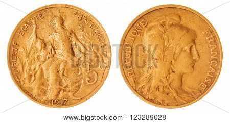 5 Centimes 1917 Coin Isolated On White Background, France