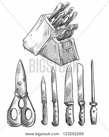 Set of knives. Kitchen utensils. Vector sketch