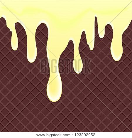 Chocolate waffles seamless background with flowing cream or banana jam or souffle vector