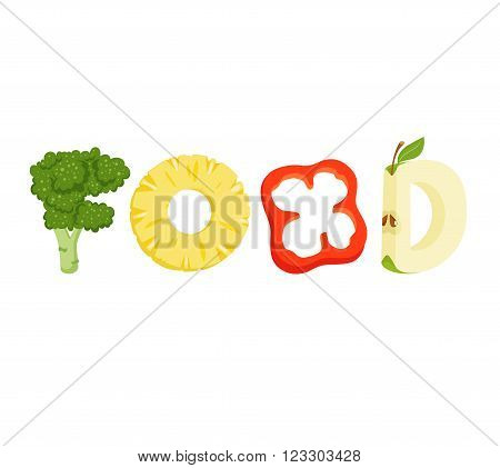 Healthy food lettering. vegatables isolated on white background. Vegeterian food.