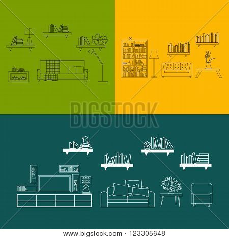 Home, hotel room interior with comfortable furniture outline vector illustration. Outline furniture bunners. Living room outline furniture. Outline furniture color bunner set. Outline furniture concept
