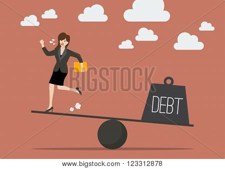 Balancing between business woman and debt. Business concept