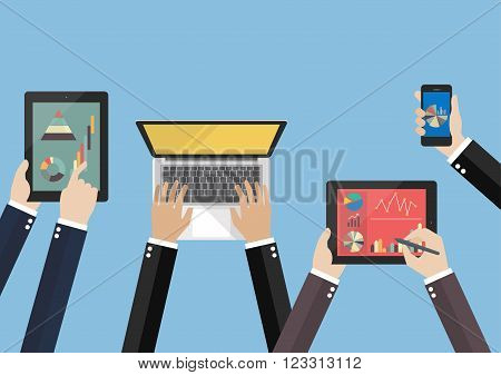 Hands hold device electronics gadget. laptop phone tablet flat vector illustration
