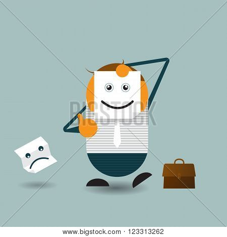Vector Illustration Cute cartoon. Businessman hide his real face and holding paper with happy emoticon. chooses an emotional faces