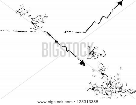 Vector illustration draw doodle cartoon. Failed Businessman running on business line graph and falling down with statistics arrow business. Risk in finance investment mistakes concept.