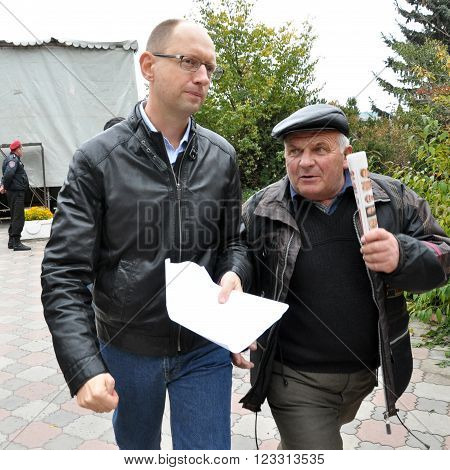 CHORTKIV - TERNOPIL REG. - UKRAINE - October 23 2012. Today Prime Minister of Ukraine Arseniy Yatsenyuk during the election campaign to the Parliament of Ukraine was in Chertkov and spoke at the rally.