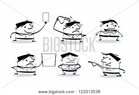 Vector illustration draw doodle cult businessman cartoon pose in various characters. Set of office worker expressing feeling and emotion