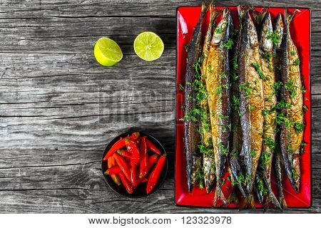 Baked saury on a red rectangular dish close-up top view