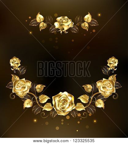 symmetrical garland of gold jewelry rose on a black background. Floral Frame. Design of roses.