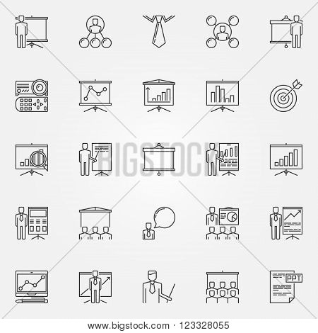 Presentation icons set - vector business presentation signs or logo elements in thin line style