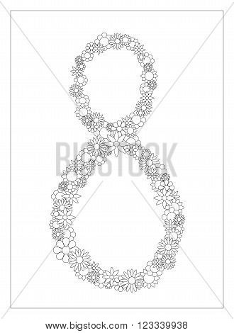 Floral number 8, number eight from flowers coloring page vector illustration, DIY postcard with the place for text, black and white flower ornament for typography