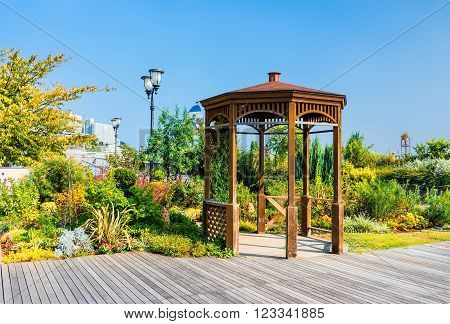 Wooden summerhouse in seaside park in Atami city, Jpan