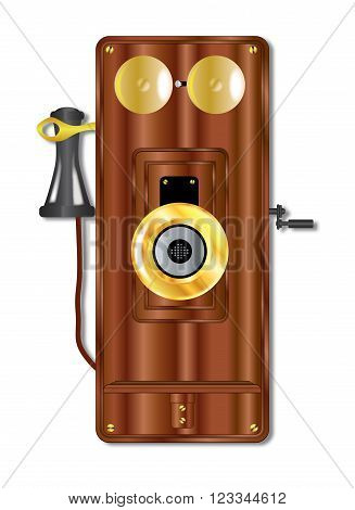 An early model wall mounted telephone with bells ear and mouthpiece