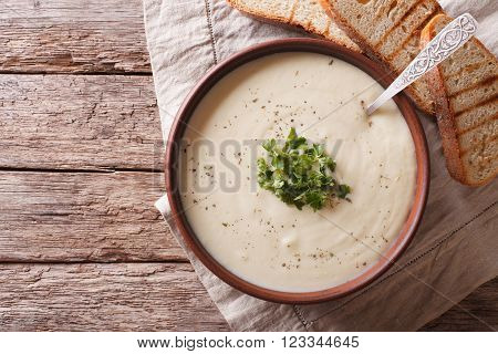 Du Barry French White Soup On The Table. Horizontal Top View