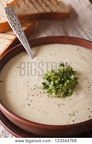 French Cream Soup Du Barry In Bowl Macro . Vertical
