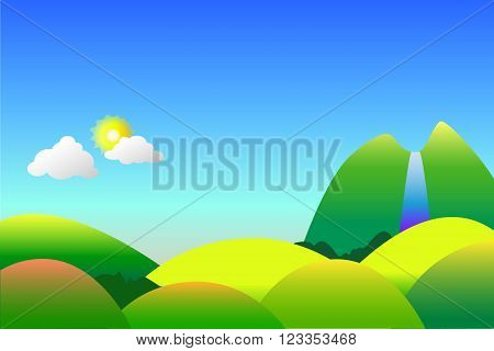 Peaceful nature landscape vector background or wallpapers with the hills, sun and waterfall, nursery style illustration with the place for text