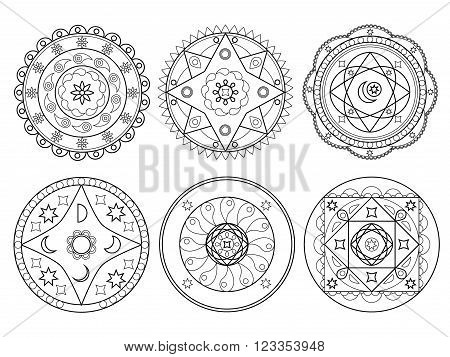 Set of 6 hand-drawn vector Arabic mandala on white background