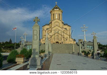 Tsminda Sameba Church (The Holy Trinity Cathedral of Tbilisi) at evening located in Tbilisi capital of Georgia