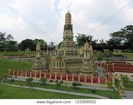 JOHOR MALAYSIA  - NOVEMBER 11 2014:  Wat Arun is a Buddhist Temple on the Chao Phraya River in Bangkok Thailand LEGOLAND MINILAND Malaysia Theme Park November 11, 2014  in Johor, Malaysia