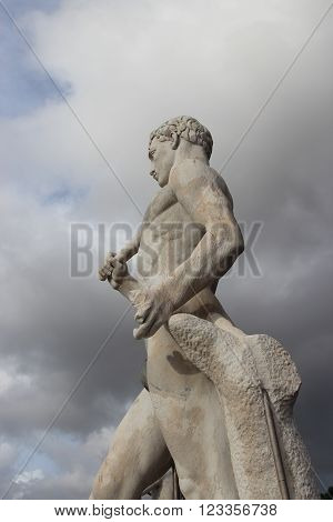 ROME ITALY - FEBRUARY 9 2016: Statue in the Stadio dei Marmi Stadium of the Marbles in the Foro Italico designed in the 1920s by Enrico Del Debbio