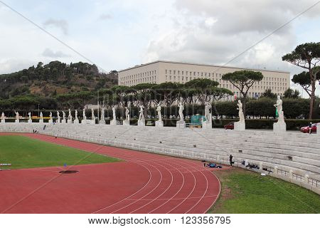 ROME ITALY - FEBRUARY 9 2016: Statues in the Stadio dei Marmi Stadium of the Marbles in the Foro Italico designed in the 1920s by Enrico Del Debbio