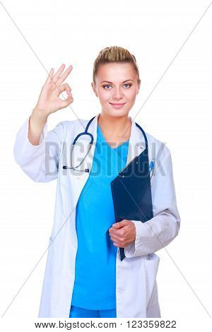 A female doctor shows a sign okay isolated on white background.