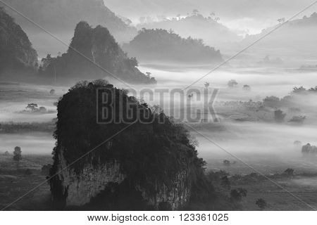 Misty morning light on the top of the mountain hills. Phu Langka  panorama view.
** Note: Soft Focus at 100%, best at smaller sizes
