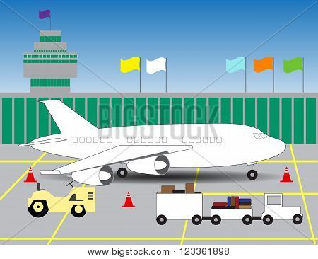 illustration of an airport with a picture of the plane on landing/ terminal of airport