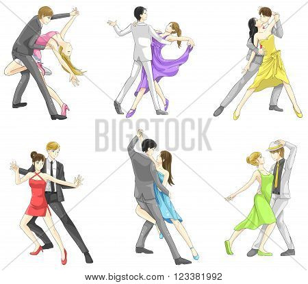 An illustration cartoon characters set of dancing couple sport for both man and woman in various action and dancer fashion clothing create by vector