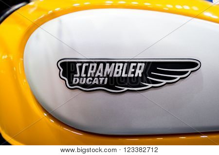 Logo of Ducati Scrambler Motorcycle at Nonthaburi Showroom on 24 March 2016