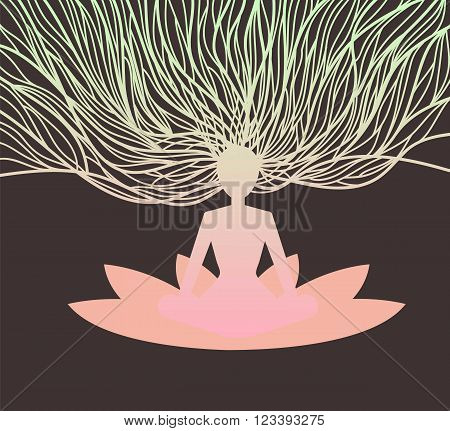 Illustration of meditating human silhouette on lotus