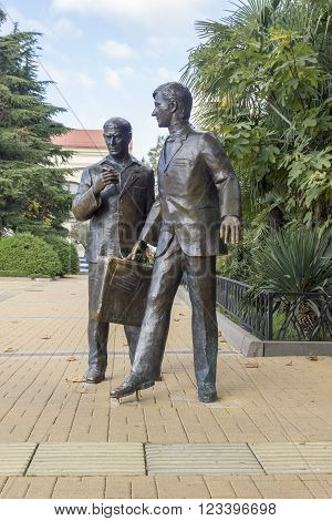 SOCHI, RUSSIA - November 06, 2015: A monument to actors from cinema - Papanov, Mironov from the movie the Diamond hand. The marina, Sochi, Russia is established