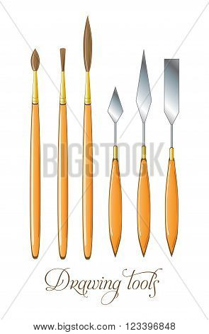 Set of drawing tools. Brushes and palette knife. Vector illustration