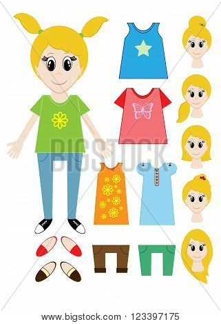 Big Set Of Clothes For The Girl Constructor. Hairstyle, Dress, Shoes, Pants, T-shirt. Vector