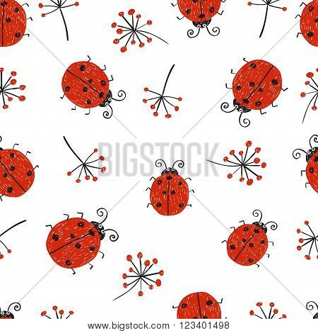 Ladybugs seamless pattern. Vector repeating wallpaper with cute doodle ladybirds.