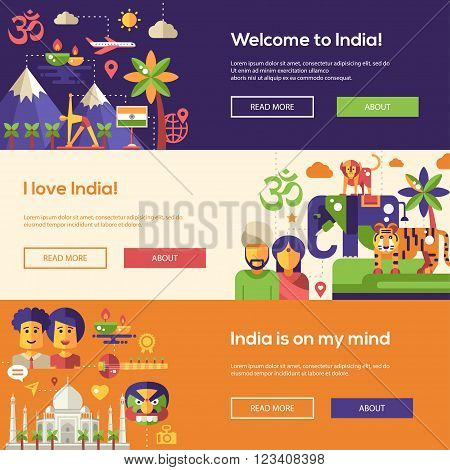 Welcome to India travel website flat design headers, banners set with famous Indian symbols